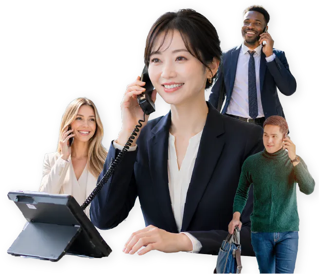 外国語同時翻訳を利用するスタッフと外国人のお客様
